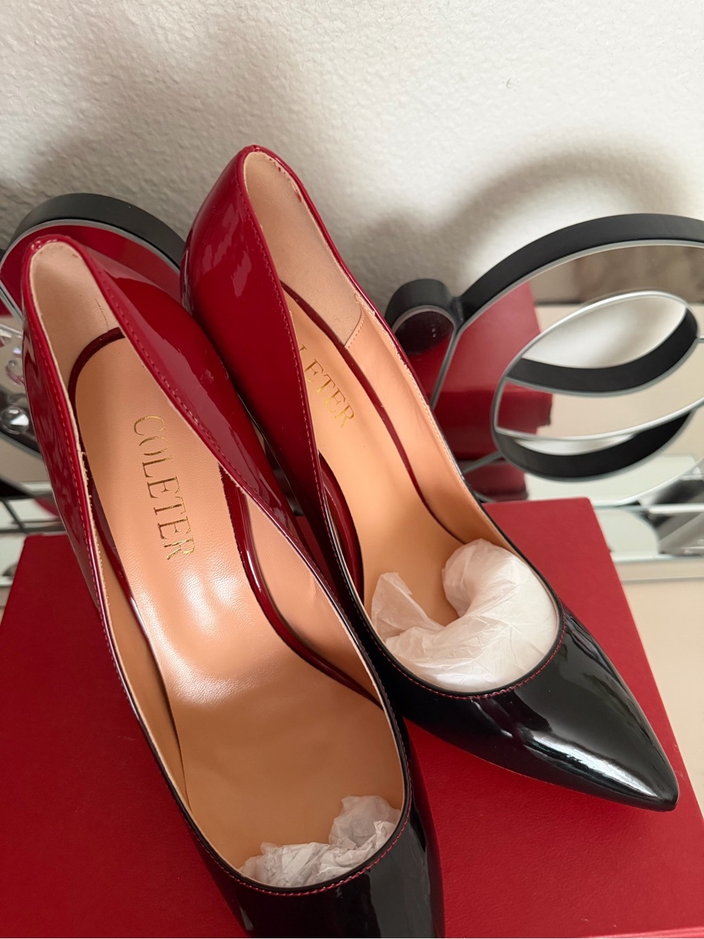 Coletter Two-Tone Patent Pointed Pumps in Red and Black